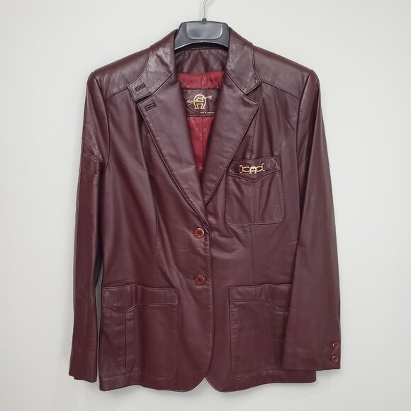 Vintage Etienne Aigner Burgundy Oxblood Genuine Leather Jacket Blazer Size 14 - Picture 14 of 16